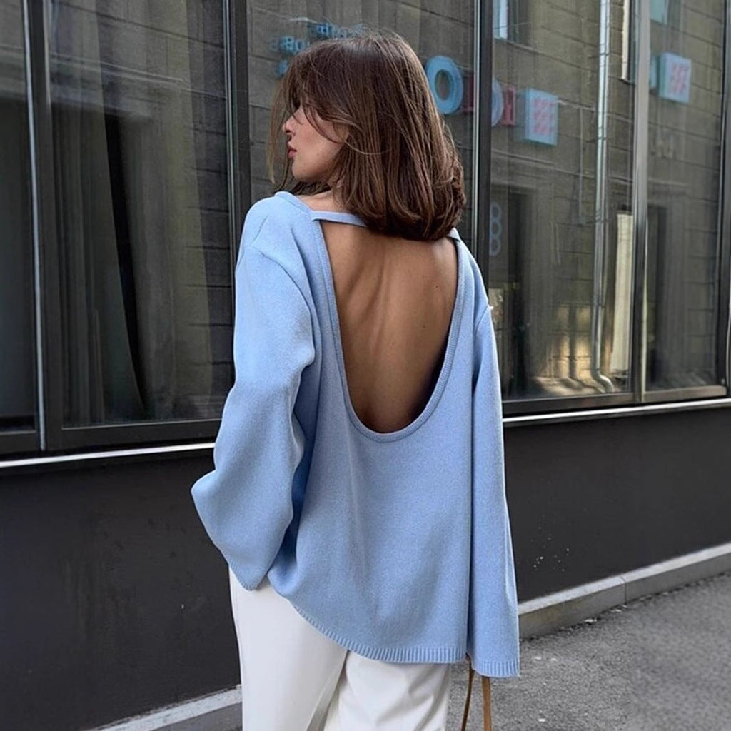 Bella Mia cotton backless pullover sweater for women, loose knit autumn winter knitwear with a stylish backless design.