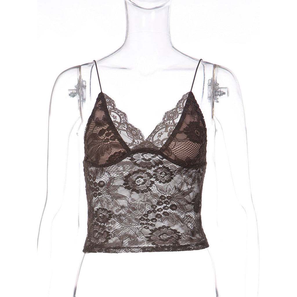 Women’s see-through lace spaghetti strap bandeau vest by Bella Mia, featuring a deep V plunge and slim fit design.