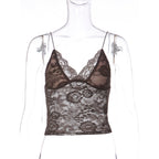 Women’s see-through lace spaghetti strap bandeau vest by Bella Mia, featuring a deep V plunge and slim fit design.