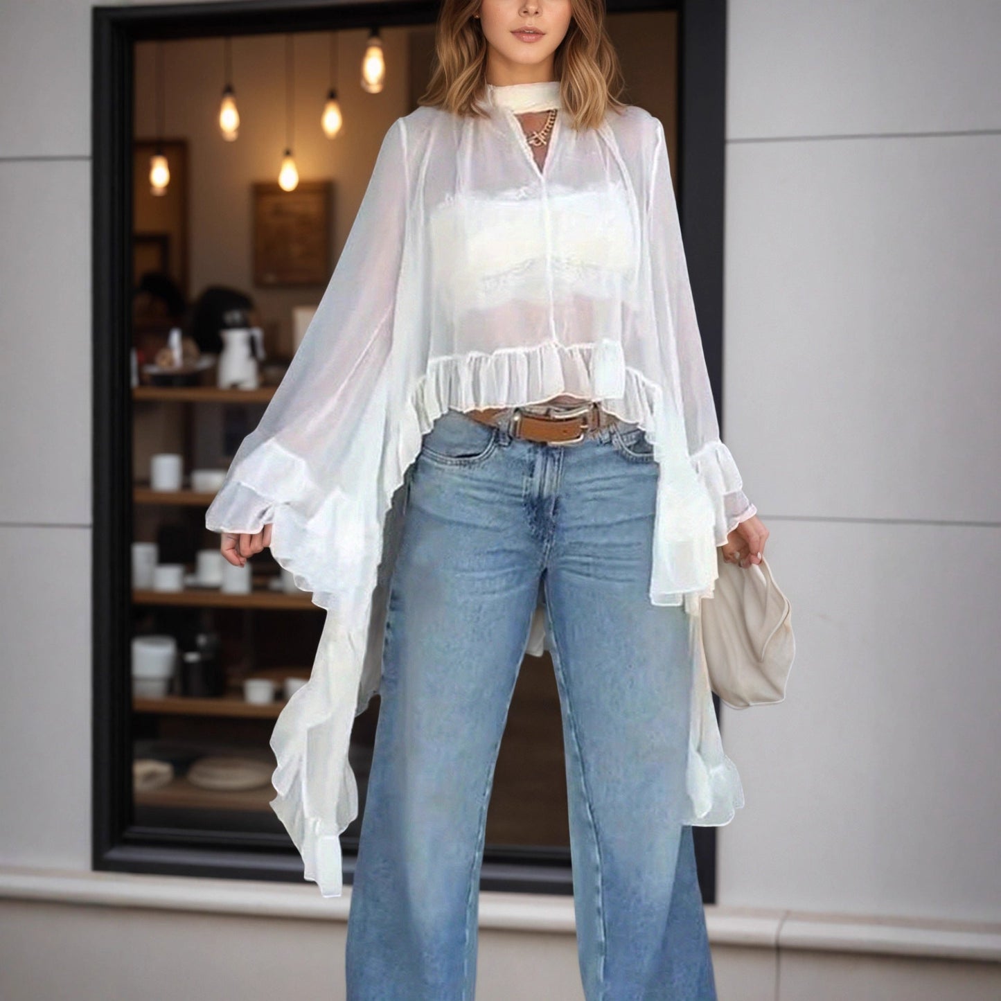 See-through ruffled long sleeve smock top for women with hanging collar, stylish summer blouse by Plush Fashion Hub.