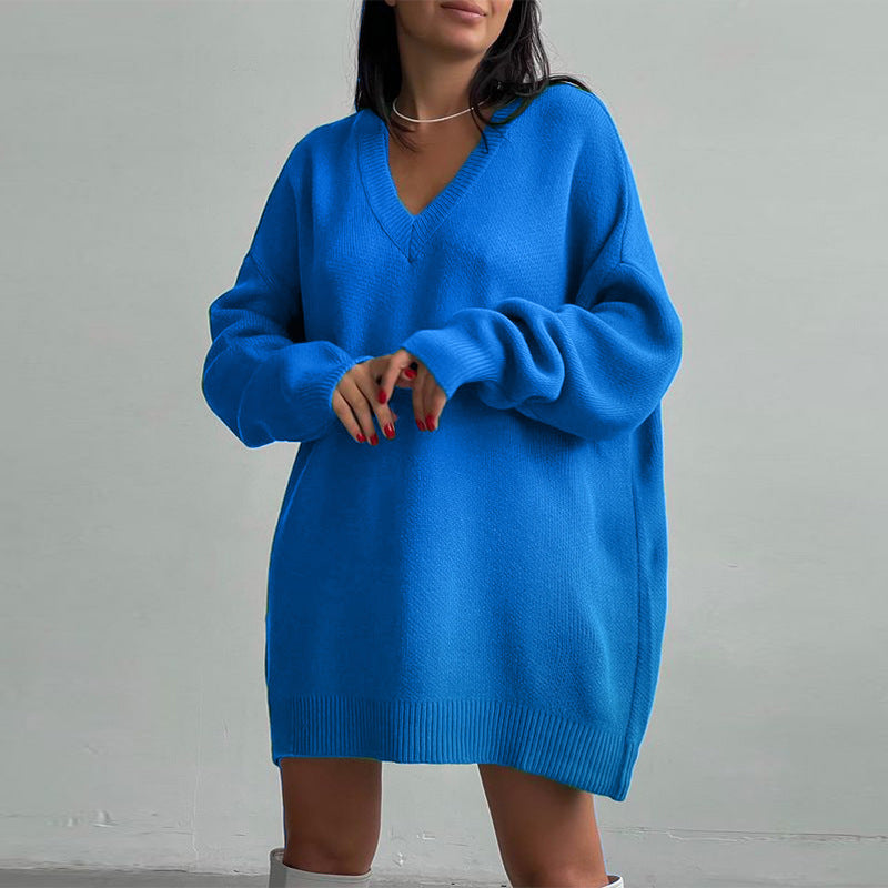 Bella Mia women's long sleeve V-neck knitted sweater dress in cozy, loose-fit knitwear for autumn and winter wear.