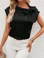 Bella Mia satin T-shirt with half-open collar and bow detail, featuring a special interest design for women.