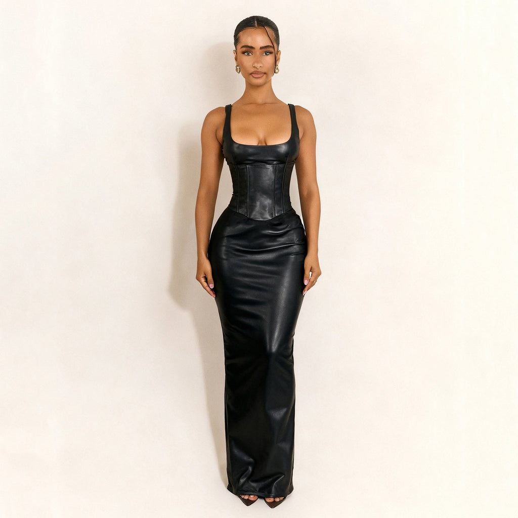 Women’s slim fit leather dress with square collar, low cut, drawstring waist, and split design by Bella Mia.