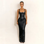 Women’s slim fit leather dress with square collar, low cut, drawstring waist, and split design by Bella Mia.