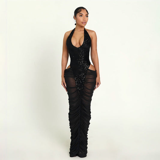 Autumn Winter Women Clothing Fashionable Sequ Stitching Sexy Mesh See through Ruffle Hip Dress Bella Mia