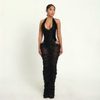 Bella Mia women’s autumn winter ruffle hip dress with see-through mesh, sequined stitching, and fashionable sexy design.
