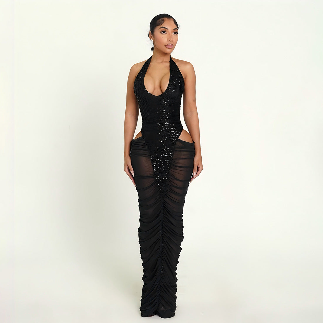 Bella Mia women’s autumn winter ruffle hip dress with see-through mesh, sequined stitching, and fashionable sexy design.