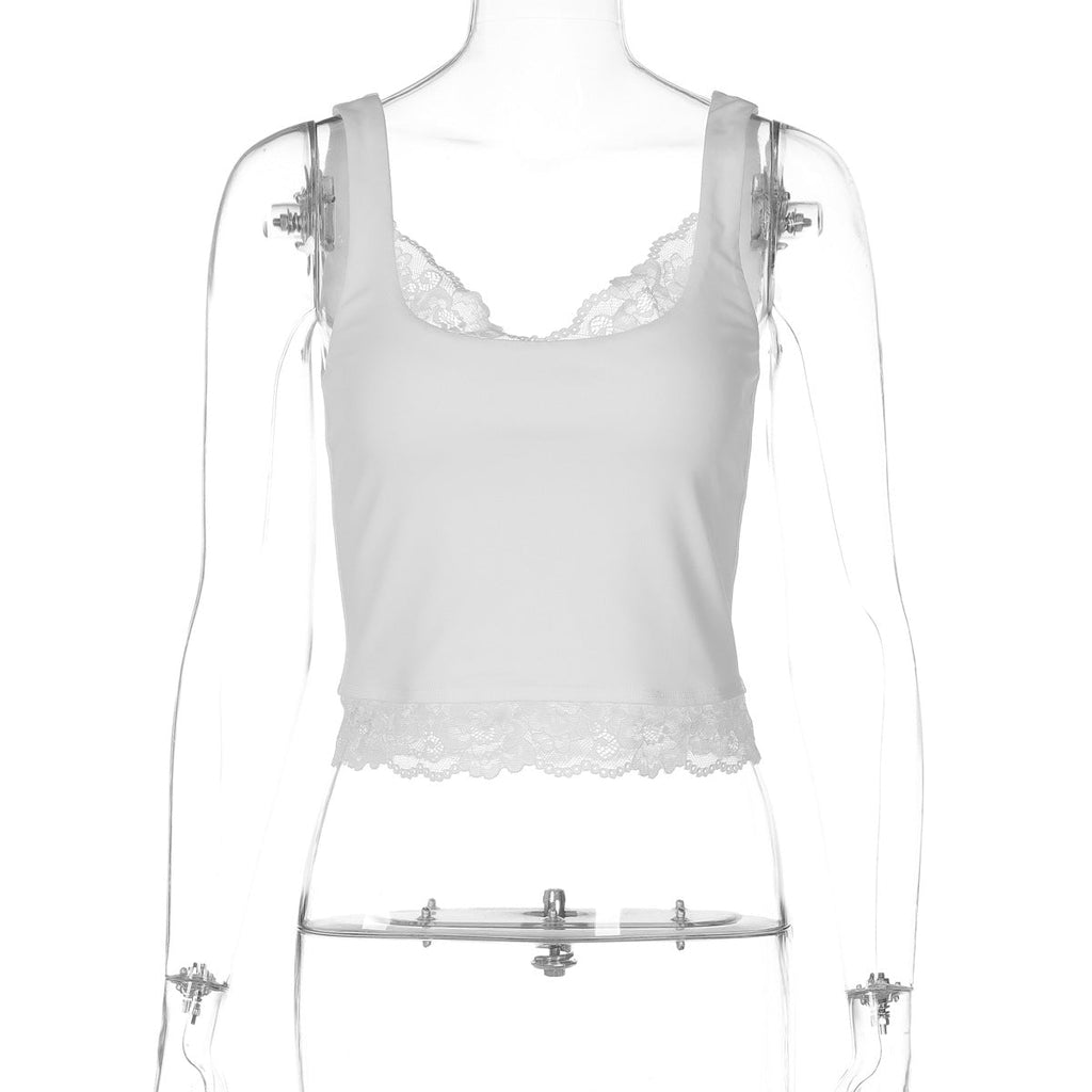 Bella Mia sexy lace short vest top for women in solid color, featuring a fitted design and lace details.