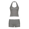 Black and white striped halterneck vest with flanged shorts, stylish street sports casual two-piece summer set by Wanita Store