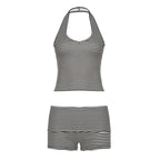 Black and white striped halterneck vest with flanged shorts, stylish street sports casual two-piece summer set by Wanita Store