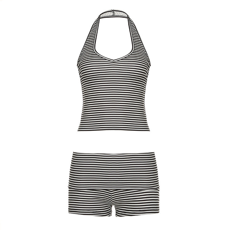 Black and white striped halterneck vest and flanging shorts set from Plush Fashion Hub, perfect for stylish summer streetwear.