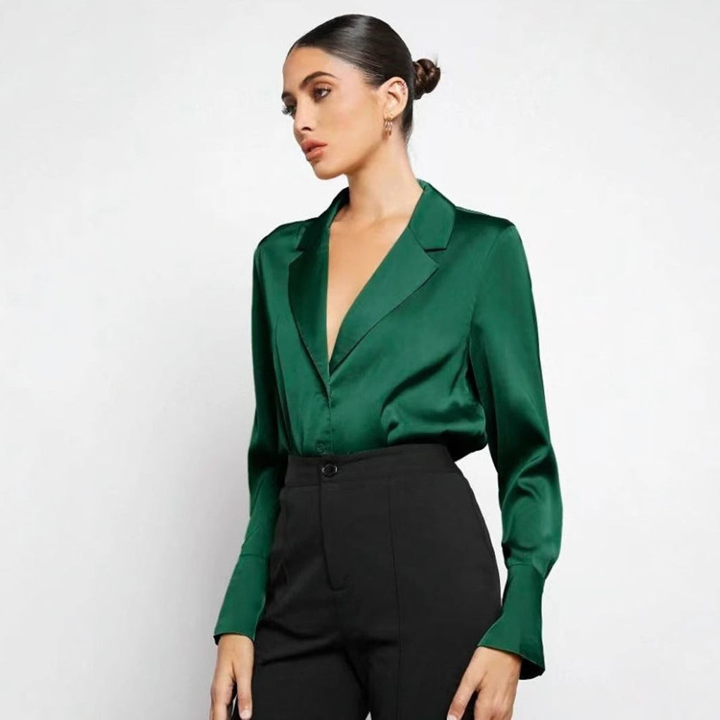 Bella Mia satin faux silk long sleeve shirt for women, minimalist spring-summer top in soft, shiny fabric, shown on a model.