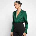 Bella Mia satin faux silk long sleeve shirt for women, minimalist spring-summer top in soft, shiny fabric, shown on a model.