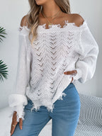 Bella Mia women's autumn winter long sleeve hollow out cutout shoulder pullover sweater in solid color, stylish and cozy for cold weather.