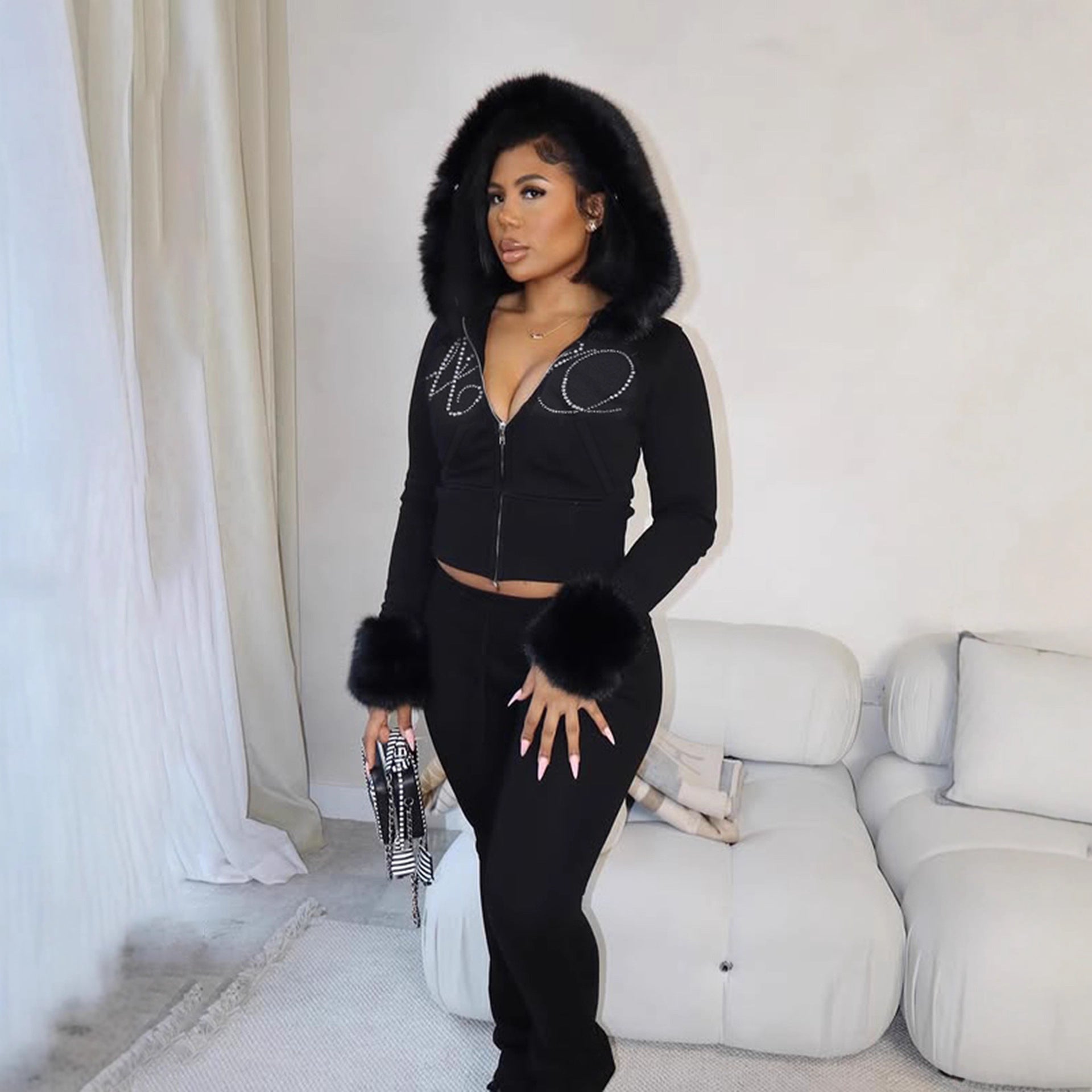 Bella Mia autumn winter long sleeve furry zipper sweater coat and rhinestone sweatpants two-piece set, casual and stylish.