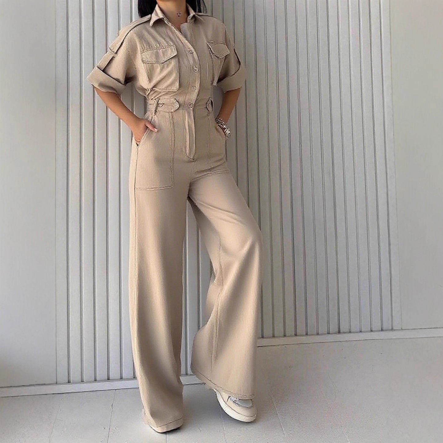 Women’s loose waist jumpsuit by Wanita Store featuring wide-leg pants, slim fit, collared overalls, and a stylish one-piece design.
