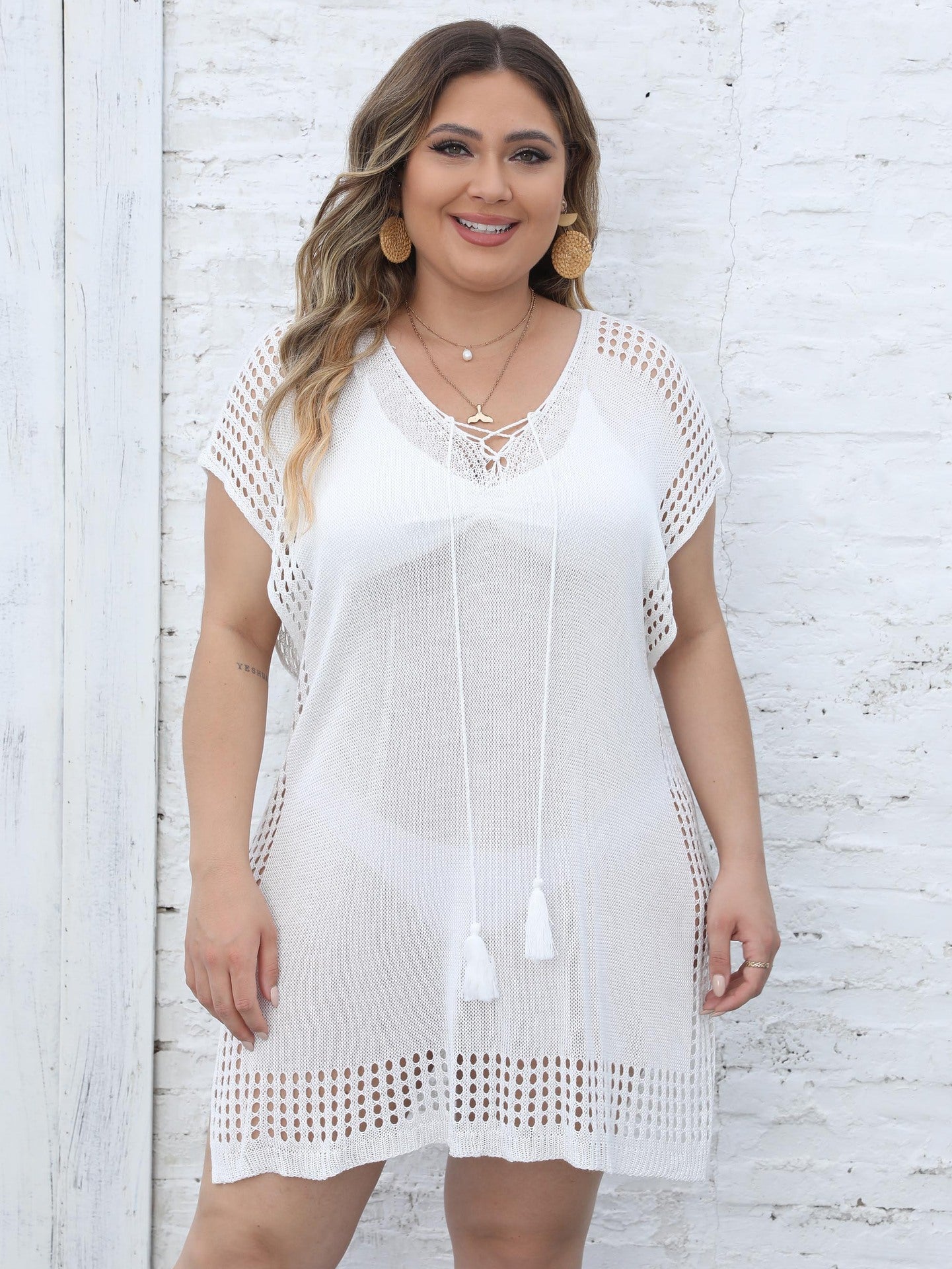 Women’s deep V plunge lace-up beach cover-up dress by Plush Fashion Hub, perfect for vacation and seaside outings.