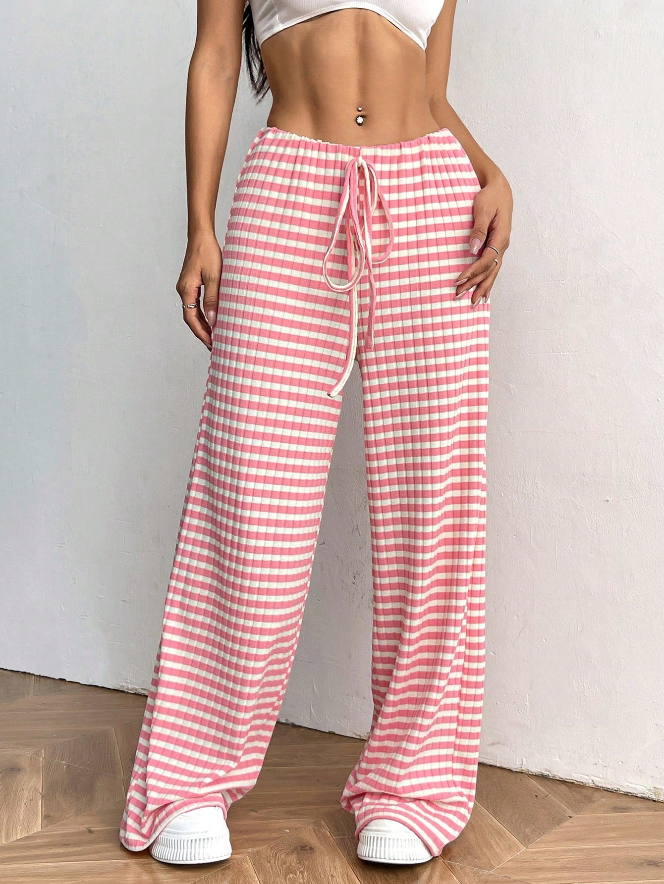 Women’s casual striped straight-leg pants with rubber band waist and drawstring, in solid autumn winter colors by Wanita Store