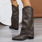 Bella Mia retro rivet high top western cowboy boots for women with pointed toes, mid heels, slip-on design, long knight-style boots.