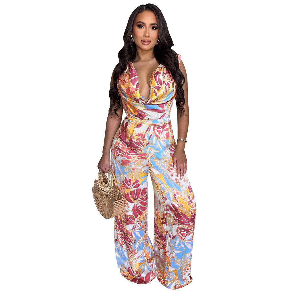 Women’s sleeveless lace-up wide-leg printed jumpsuit by Bella Mia, featuring a stylish silhouette and vibrant print.