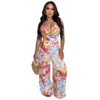 Women’s sleeveless lace-up wide-leg printed jumpsuit by Bella Mia, featuring a stylish silhouette and vibrant print.