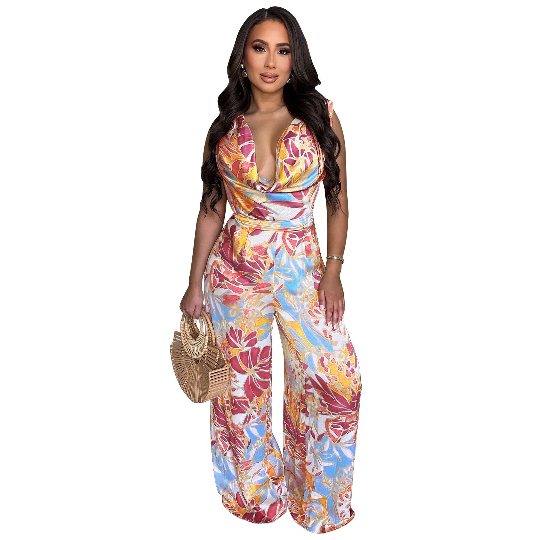 Women’s sleeveless lace-up wide-leg printed jumpsuit by Bella Mia, featuring a stylish silhouette and vibrant print.
