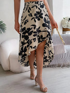 Elegant floral ruffled skirt for women, spring-summer fashion, mid-length asymmetric design, Wanita Store clothing.