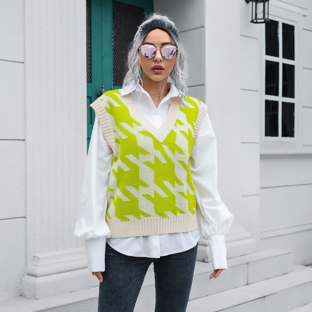 Bella Mia houndstooth V-neck vest sweater for women, autumn winter knitwear outer layer with boucle details.