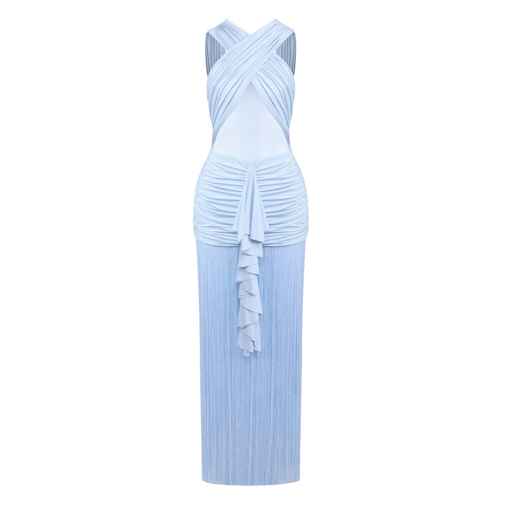 Plush Fashion Hub women's sexy solid color mesh cross dress with pleats, see-through design, perfect for vacation or stylish outings.