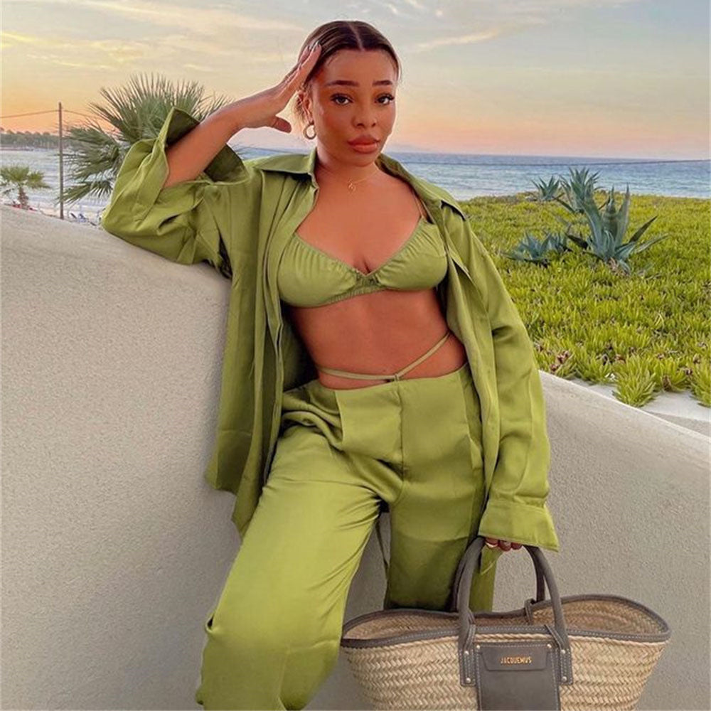 Plush Fashion Hub women's three-piece satin suit with shirt, vest, and straight-leg pants, perfect for spring and summer casual wear.