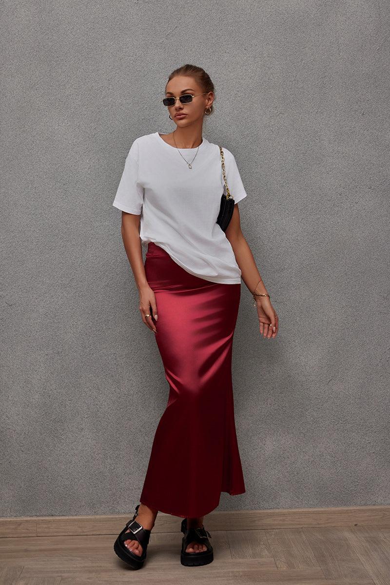 Bella Mia women's satin skirt featuring a casual, flowy artificial silk design perfect for spring and summer wear