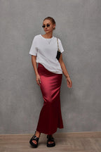 Bella Mia women's satin skirt featuring a casual, flowy artificial silk design perfect for spring and summer wear