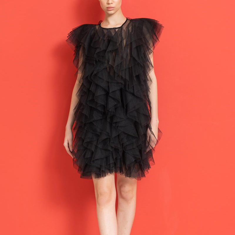 See-through organza sleeveless dress with ruffled stitching and asymmetric design, featuring a sexy and elegant style for women.