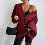 Bella Mia women's V-neck sweater with retro loose fit, twist knit, lantern sleeves, and cardigan style knitted coat.