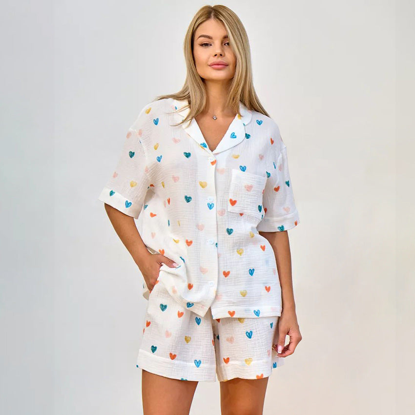 Bella Mia summer layered crepe pajama set with heart print, including a half-sleeve cardigan and shorts, perfect for homewear.