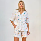 Bella Mia summer layered crepe pajamas set with heart print, includes cardigan, half sleeves, and shorts for women’s homewear.