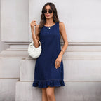 Summer round neck ruffled hem denim dress with back buttons, straight fit, from Plush Fashion Hub, casual and stylish for warm weather.