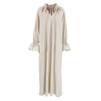 Elegant Bella Mia French design split lace-up maxi dress for women, featuring a linen fabric and tailored office-appropriate style.