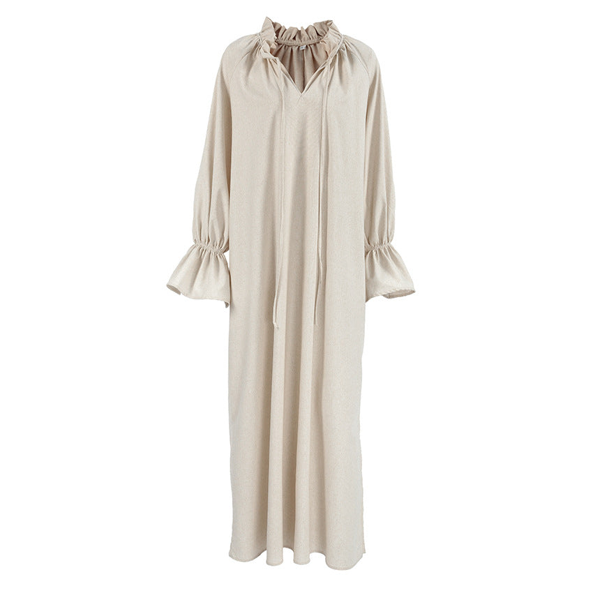 Elegant Bella Mia French design split lace-up maxi dress for women, featuring a linen fabric and tailored office-appropriate style.