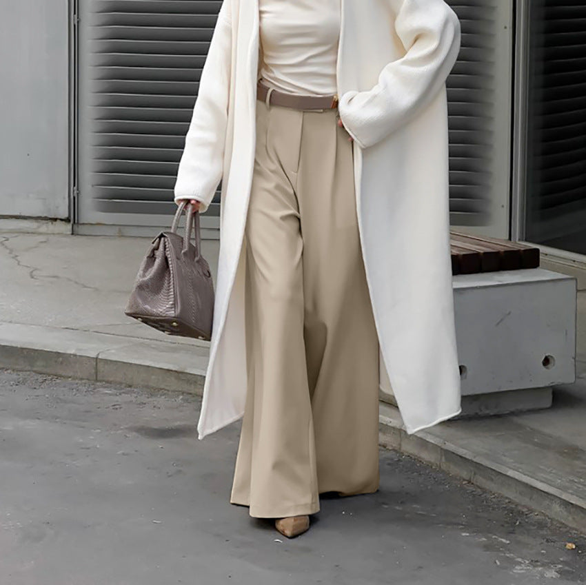 Bella Mia casual khaki wide-leg pants, high waist, elegant autumn winter fashion for office and casual wear, all-matching trousers