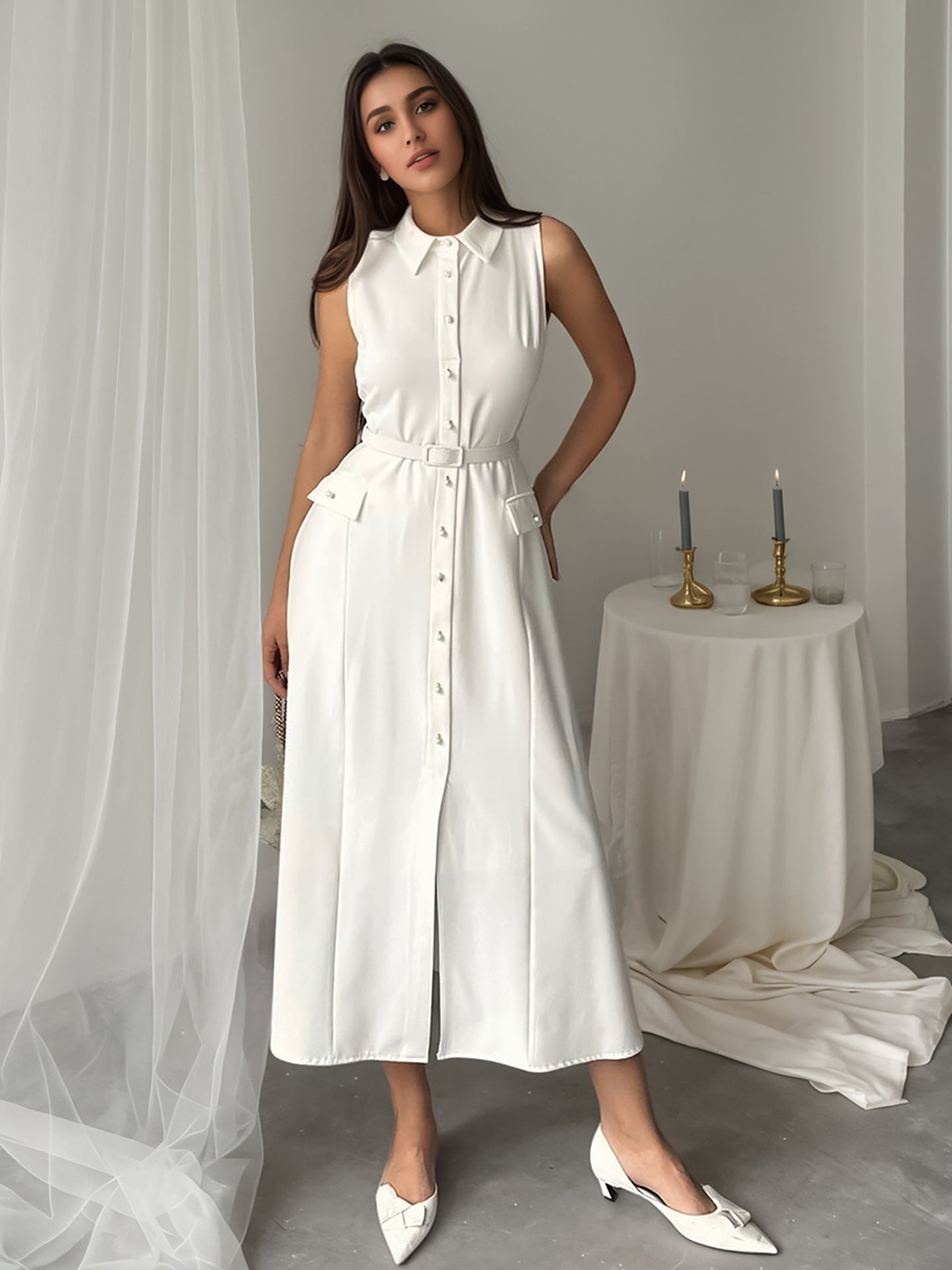 Solid color sleeveless office dress with pearl belt, slim fit, slit design, perfect for summer and autumn from Plush Fashion Hub.