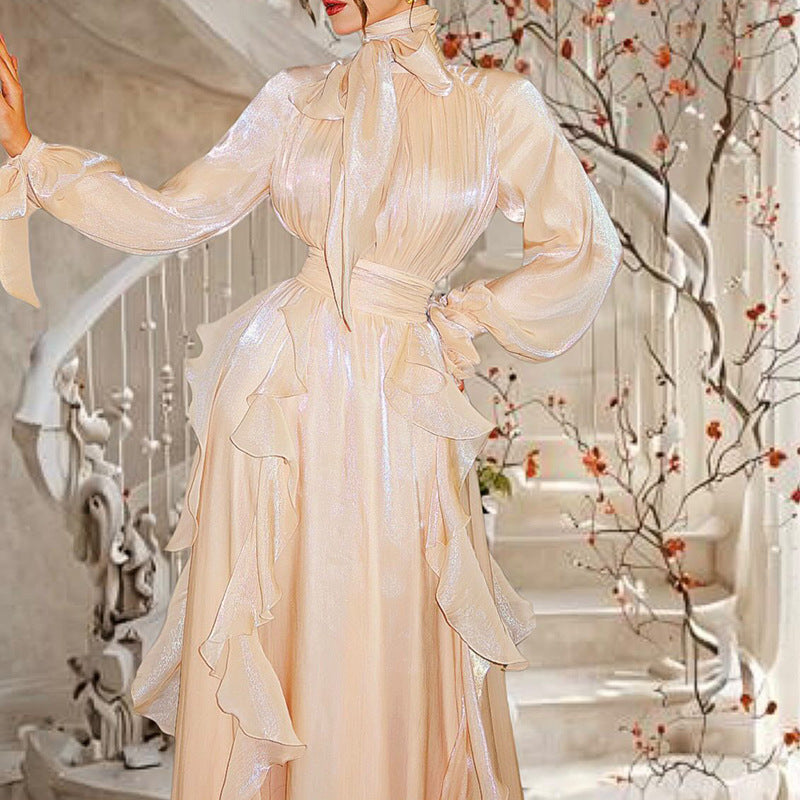 French Elegant Socialite Fairy Dress Summer Stand up Collar Puff Sleeve Pleated Waist Tight Dress Women Bella Mia