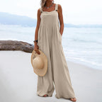Women’s summer jumpsuit by Bella Mia, ethnic style with solid color and wide-leg design, shown in a full-length view.