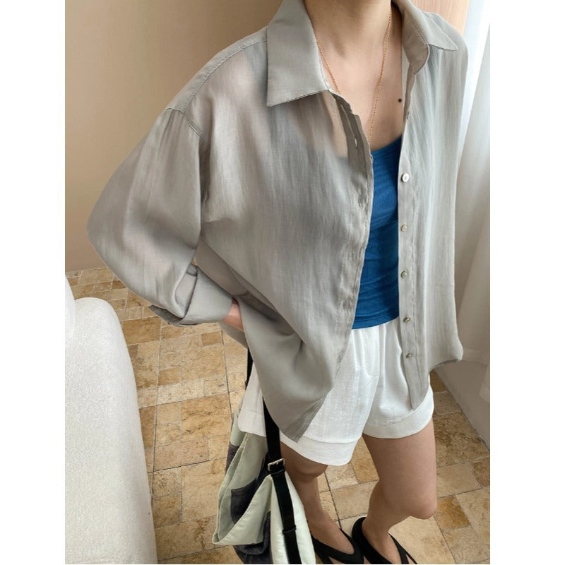 Back Slit Modeling Lanjing Tencel Blended Simple Casual Loose Shirt Bella Mia