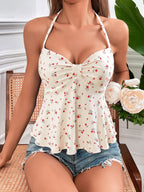 Floral summer women’s halter cami dress by Plush Fashion Hub featuring a backless design and sexy, lightweight fit.