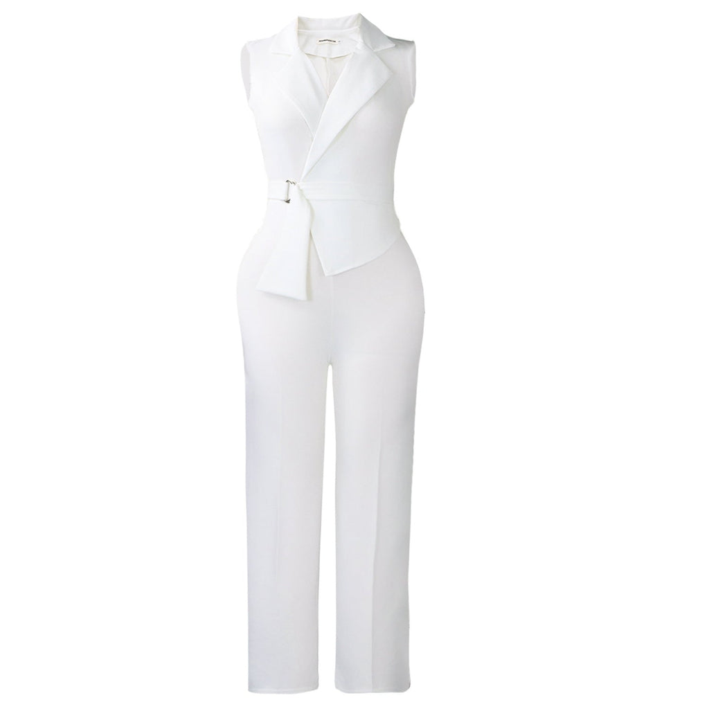 Summer solid color sleeveless collar jumpsuit with lace-up detail and wide-leg pants, by Plush Fashion Hub.