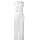 Summer solid color sleeveless collar jumpsuit with lace-up detail and wide-leg pants, by Plush Fashion Hub.