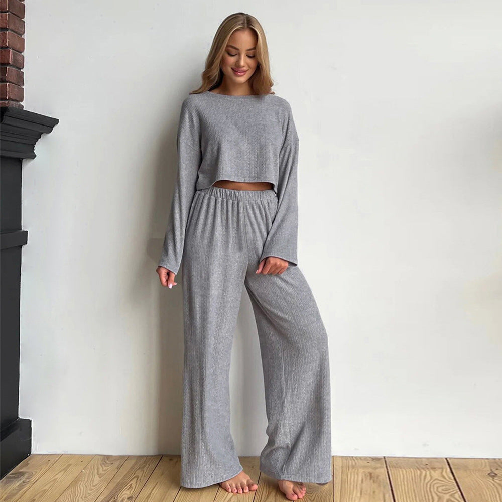 Gray long sleeve pajama set for women with wheat jacquard pattern, cozy winter home wear by Plush Fashion Hub