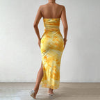 Spring and summer women's printed high waist slit tube top dress, stylish and lightweight, perfect for warm weather occasions.