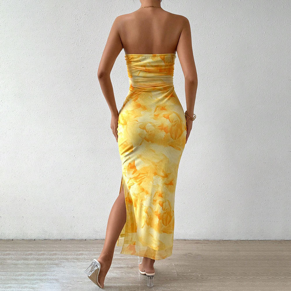 Spring and summer women's printed high waist slit tube top dress, stylish and lightweight, perfect for warm weather occasions.